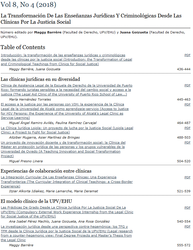 Índice del volumen 8, número 4 de Oñati Socio-legal Series.