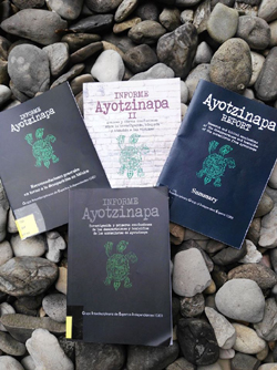 Books on the Ayotzinapa case, donated by Angela Buitrago.