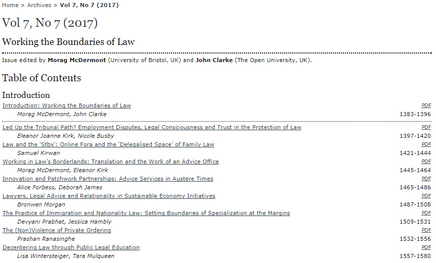 Table of contents of "Working the Boundaries of Law".