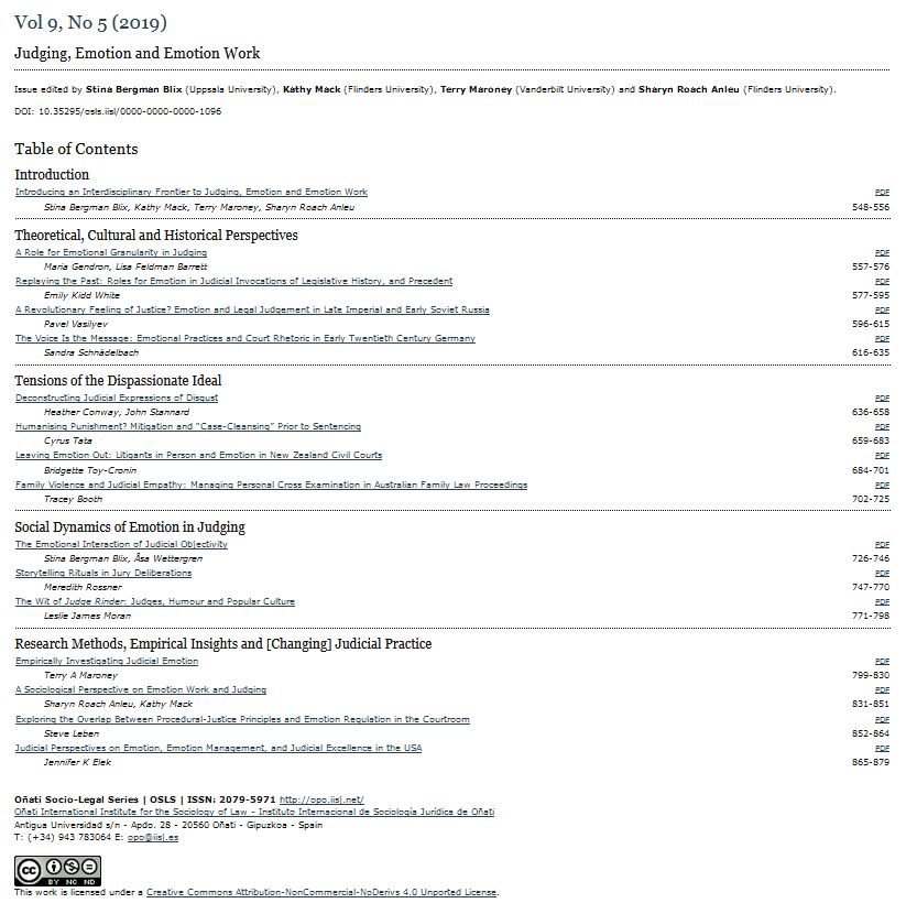 Table of contents of "Judging, Emotion and Emotion Work"